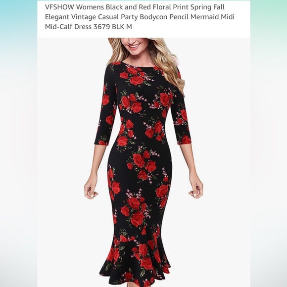 Vfshow Dresses & Skirts - Black midi dress with red roses
